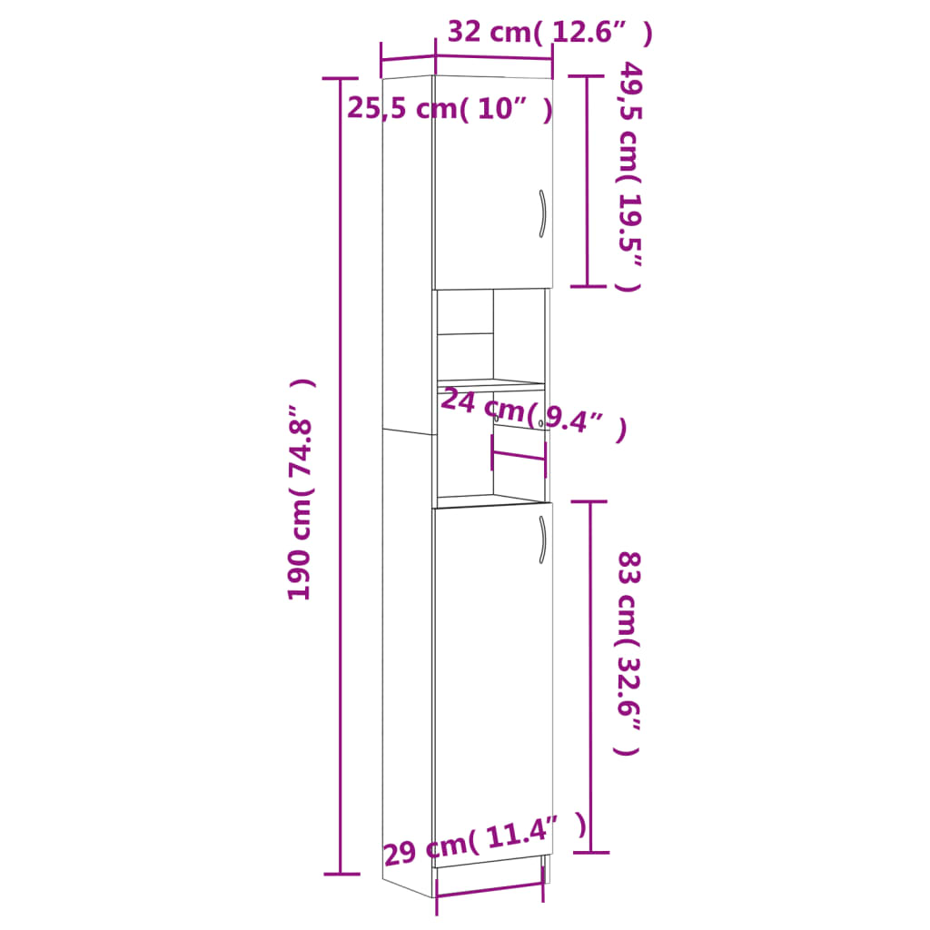 Badkamerkast 32X25,5X190 Cm Spaanplaat Hoogglans Wit