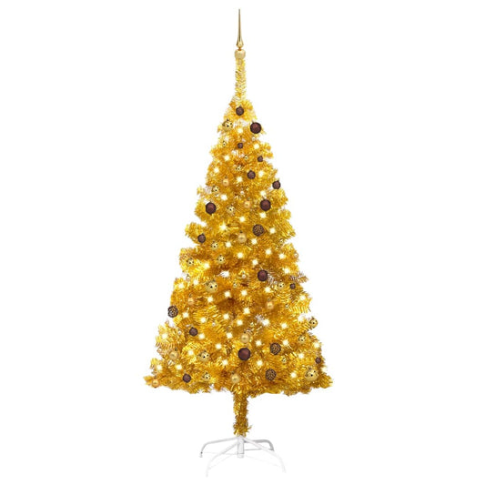 Kunstkerstboom met verlichting en kerstballen 210 cm PET goud