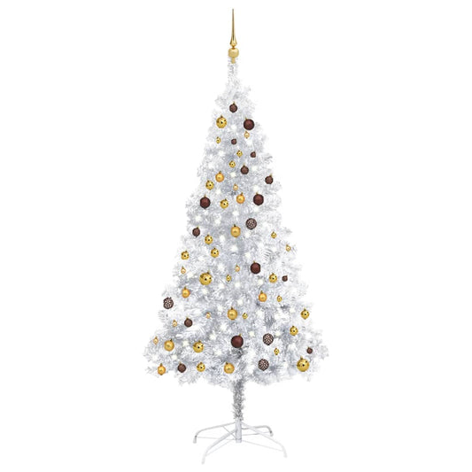 Kunstkerstboom met verlichting en kerstballen 210 cm PET zilver