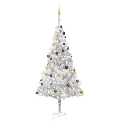 Kunstkerstboom met verlichting en kerstballen 240 cm PET zilver