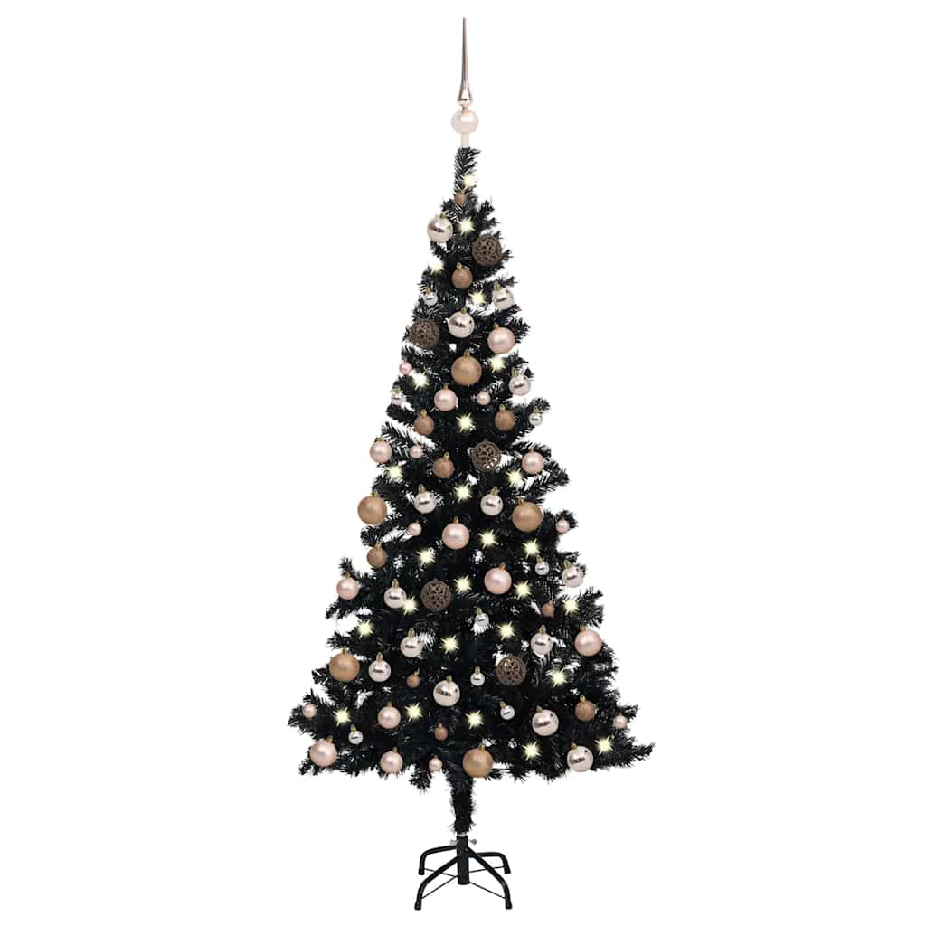 Kunstkerstboom met verlichting en kerstballen 180 cm PVC zwart