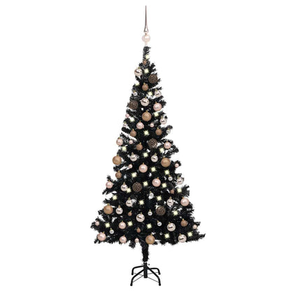 Kunstkerstboom met verlichting en kerstballen 180 cm PVC zwart