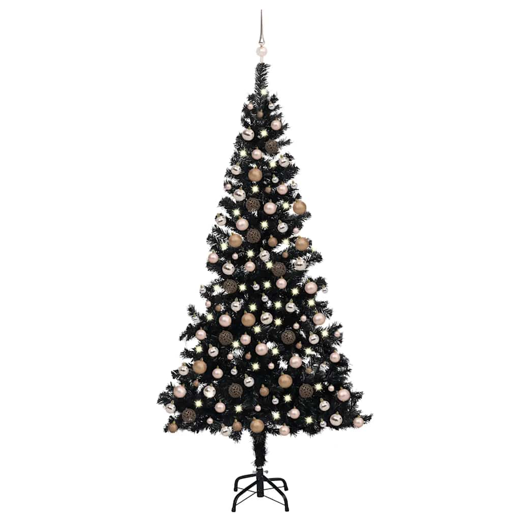 Kunstkerstboom met verlichting en kerstballen 210 cm PVC zwart