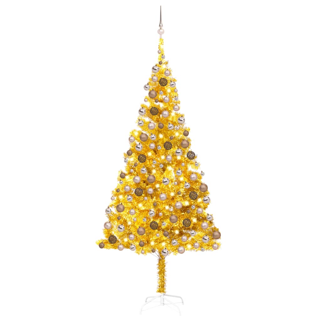 Kunstkerstboom met verlichting en kerstballen 210 cm PET goud