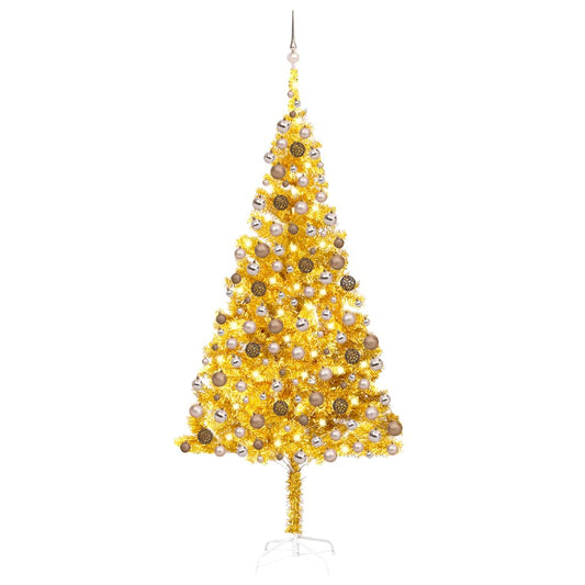 Kunstkerstboom met verlichting en kerstballen 240 cm PET goud