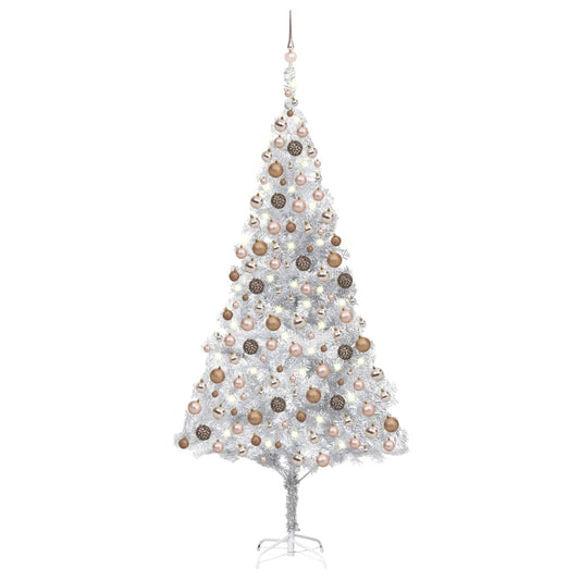 Kunstkerstboom met verlichting en kerstballen 210 cm PET zilver