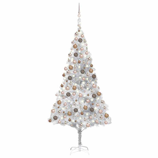 Kunstkerstboom met verlichting en kerstballen 240 cm PET zilver