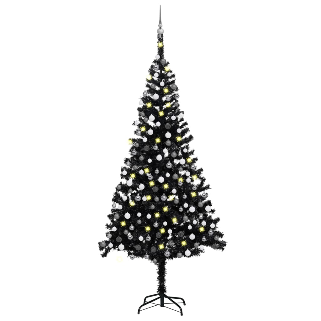 Kunstkerstboom met verlichting en kerstballen 240 cm PVC zwart