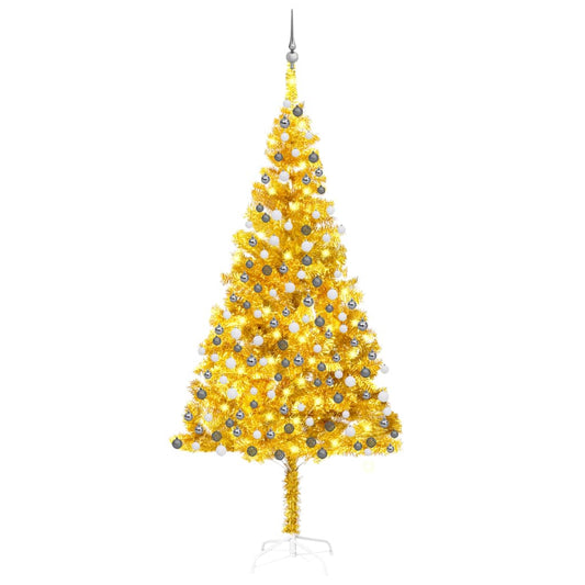 Kunstkerstboom met verlichting en kerstballen 240 cm PET goud