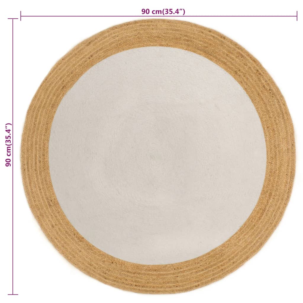 Vloerkleed Rond Gevlochten Jute En Katoen En Naturel 90 cm Wit