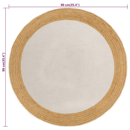 Vloerkleed Rond Gevlochten Jute En Katoen En Naturel 90 cm Wit