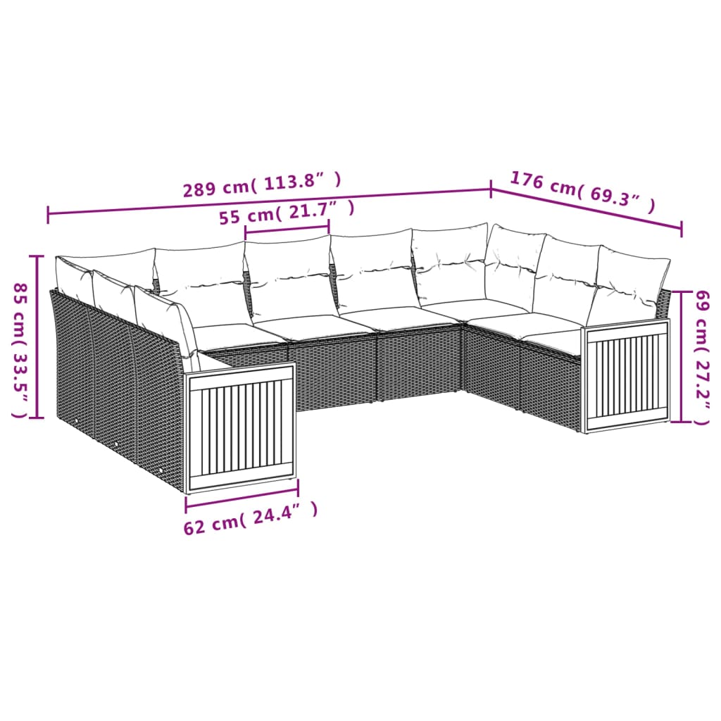 9-Delige Loungeset Met Kussens Poly Rattan Zwart