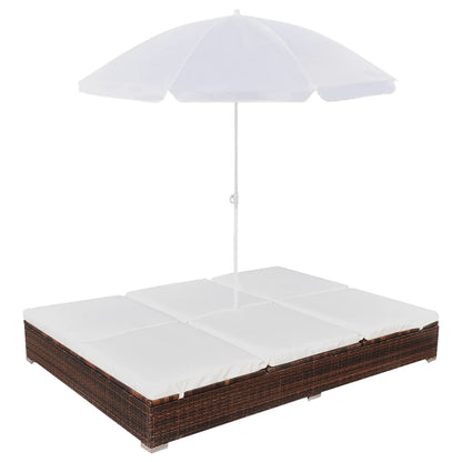 Loungebed Met Parasol Poly Rattan Bruin