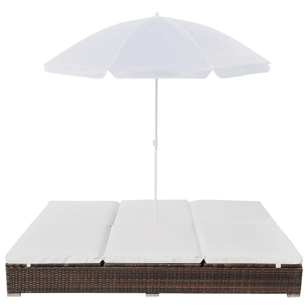 Loungebed Met Parasol Poly Rattan Bruin