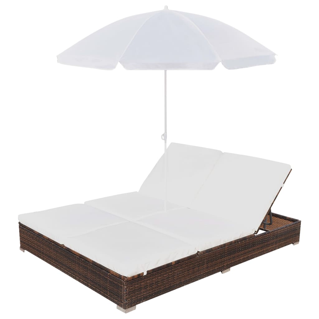 Loungebed Met Parasol Poly Rattan Bruin