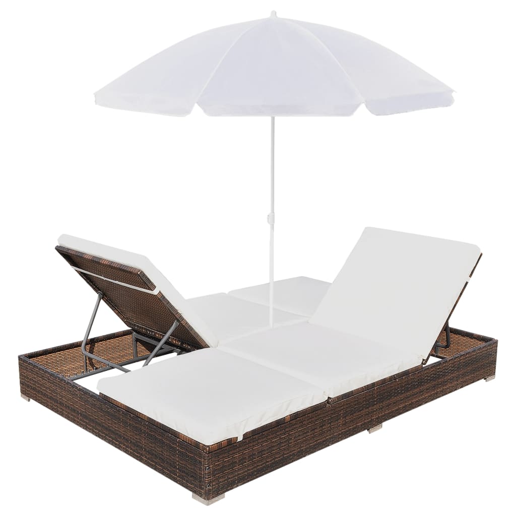 Loungebed Met Parasol Poly Rattan Bruin