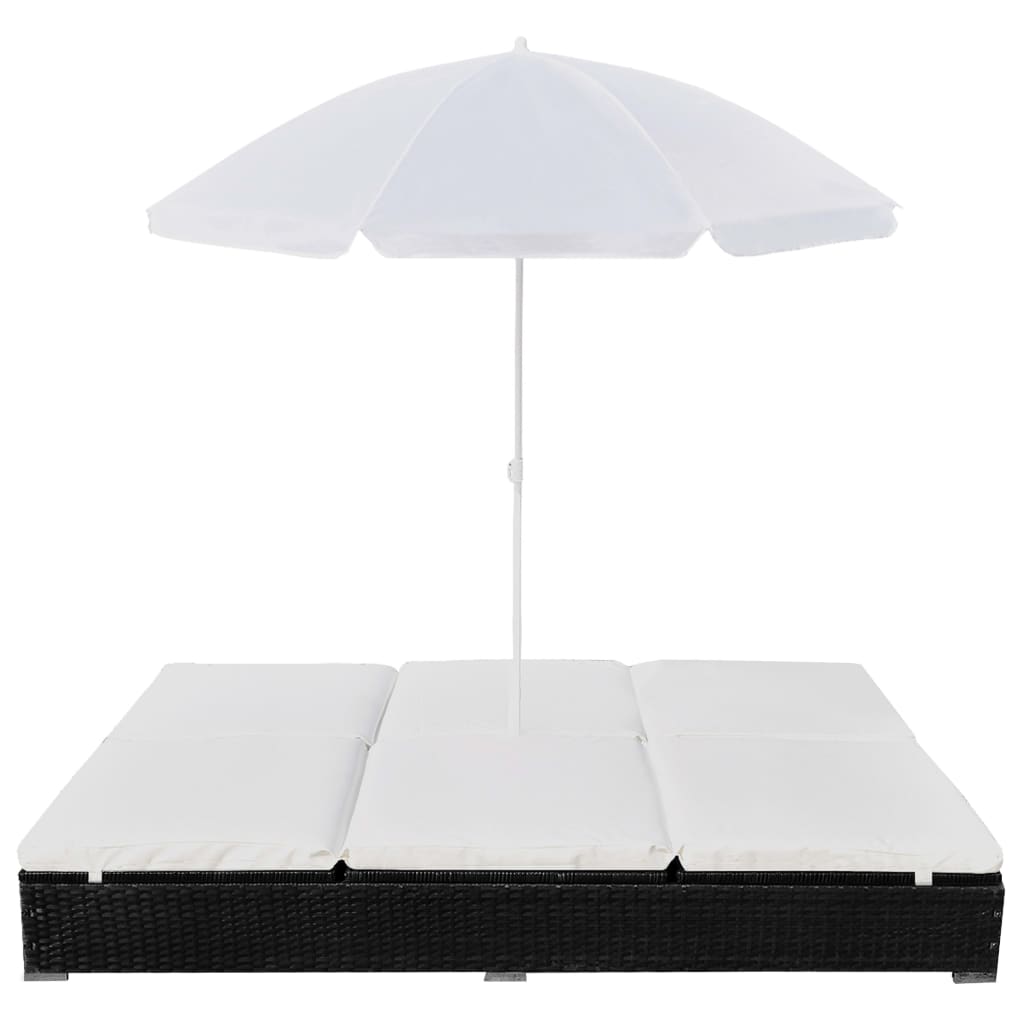 Loungebed Met Parasol Poly Rattan Zwart