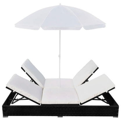 Loungebed Met Parasol Poly Rattan Zwart