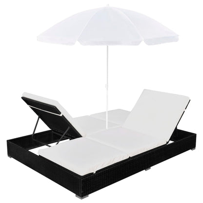 Loungebed Met Parasol Poly Rattan Zwart