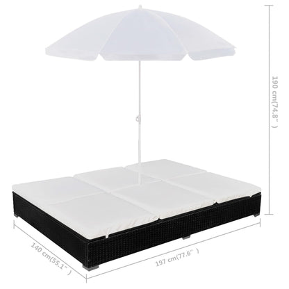 Loungebed Met Parasol Poly Rattan Zwart