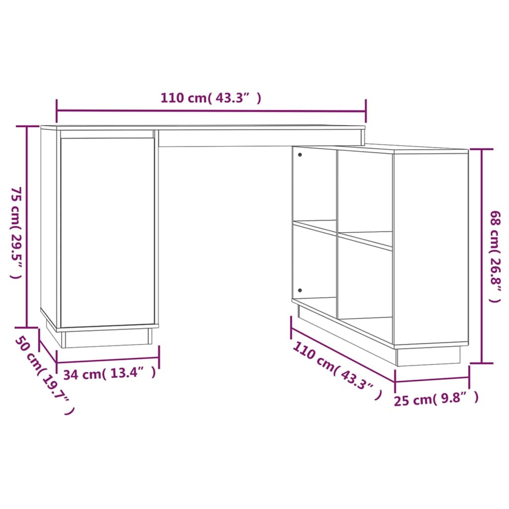 Bureau 110X50X75 Cm Massief Grenenhout Wit